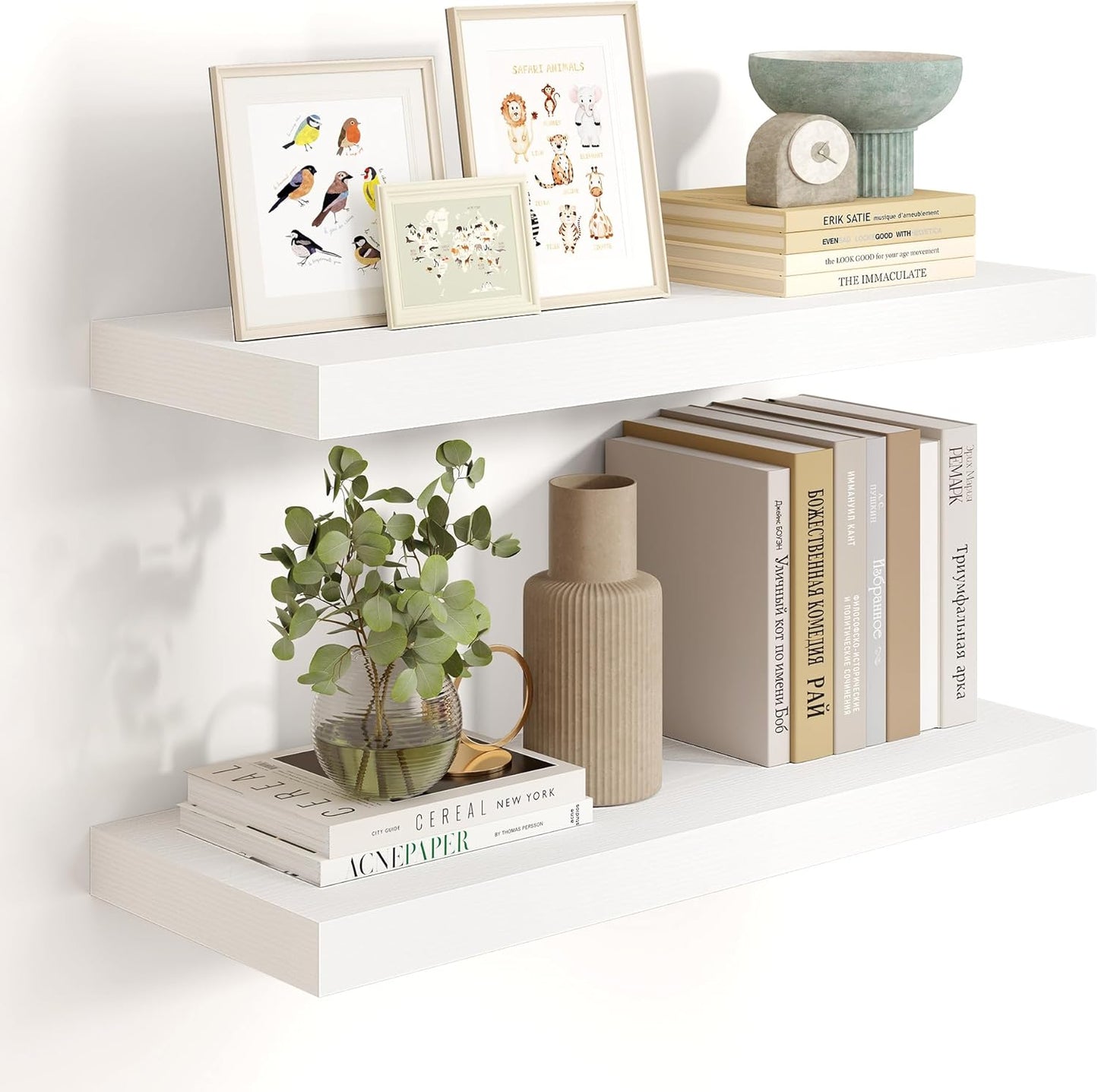 Heimlove 24 inch Floating Shelves for Wall,9.3 inch deep White Wood Shelves with Invisible Brackets,Wall Mounted Storage & Display Shelves for Bedroom,Living Room,Set of 2