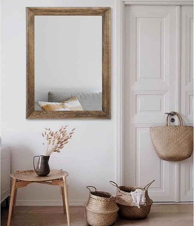 AAZZKANG Rustic Wood Mirror Rectangle Decorative Wall Mirrors with Frame Large 28"x20"for Bedroom Living Room Bathroom Entryway Hanging Brown