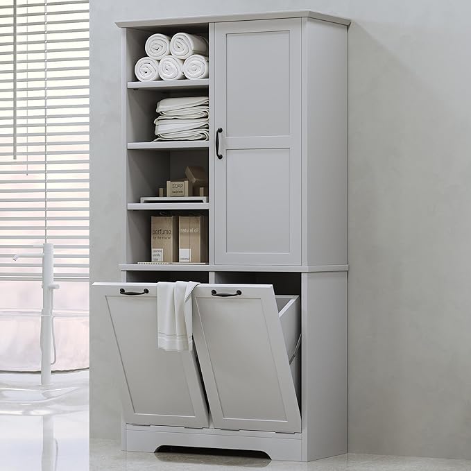 68" Tall Bathroom Storage Cabinet with Two Doors and Two Laundry Hampers for Home Display Organizer, Adjustable Shelf, Gray