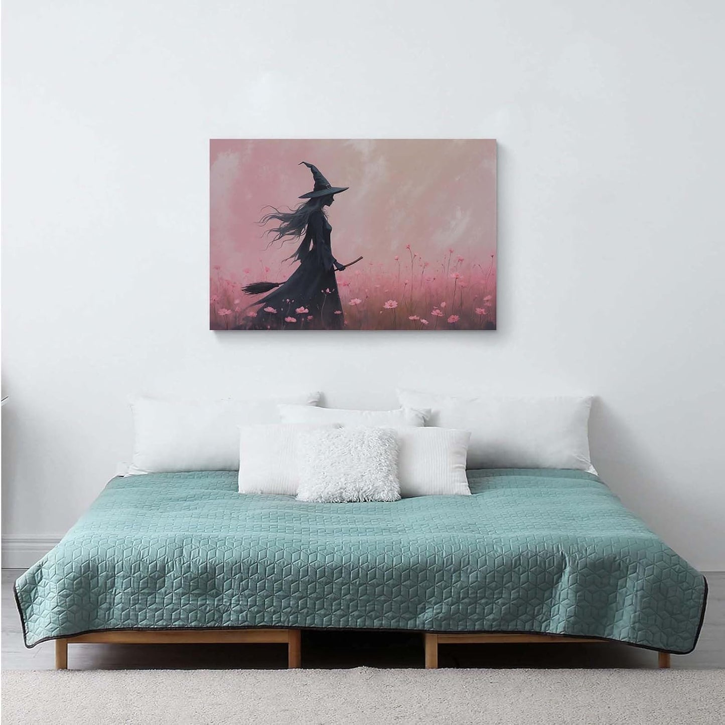 Witch in the pink sea of flowers Halloween prints weird flowers wall art silhouette painting fashionable romantic decoration suitable for bedroom20x30in Wood Framed