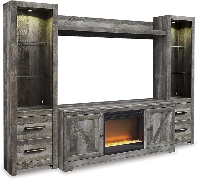 Signature Design by Ashley Wynnlow Rustic 4-Piece Entertainment Center for TVs up to 72" with Electric Fireplace, LED Lighting and Adjustable Temperature, Gray