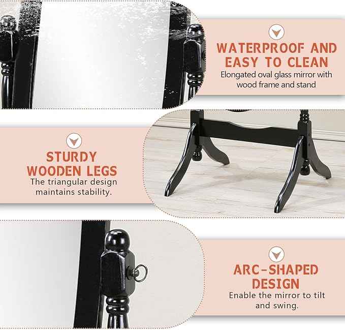 Full Length Mirror with Stand, Swivel Adjustable Oval Wood Cheval Floor Mirror, Dressing Cheval Mirror for Bedroom Livingroom, Interior Gift Idea (Black)