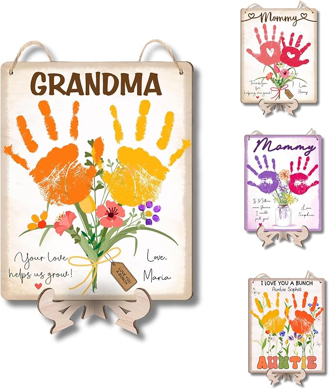 Custom DIY Baby Handprint Flowers Wooden Hanging Sign, Personalized Flowers for Grandma with Kids Handprint, Baby's First Mothers Day Gifts for Grandma, Kids Art Craft, Thanks for Helping Us Grow