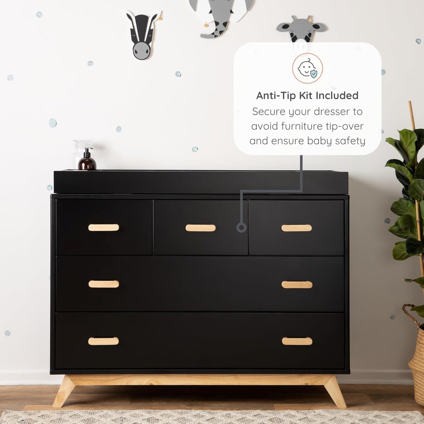 dadada Soho 5-Drawer Dresser for Nursery and Bedroom - Modern Design, Large Storage, Baby-Safe Finish, Soft Close Drawers, Anti-Tip Safety, Sturdy Legs & Solid Wood Handles, 47” Wide (Black+Natural)