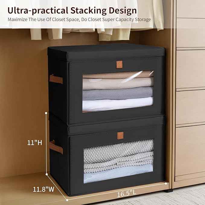 Collapsible Storage Bins - Large Stackable Organizer Bins, Decorative Boxes with Handles & Window, Fabric Containers for Living Room, Closet, Dorm, 4 Pack, Black
