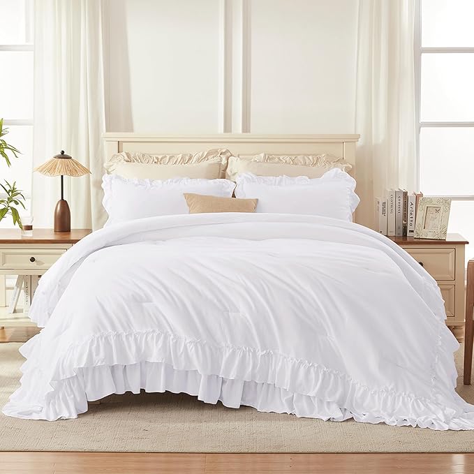 Andency White California King Comforter Set, 3 Pieces Lightweight Fluffy Farmhouse Shabby Chic Bedding Comforter Sets, Soft Microfiber All Season Cal King Bed Sets(104x96Inch)