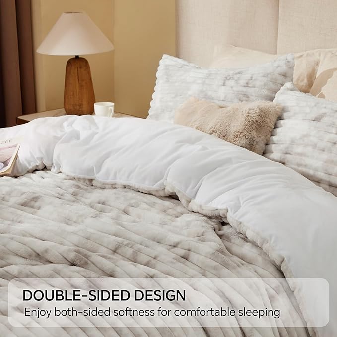 BEDELITE Fleece Queen Comforter Set -Super Soft & Warm Fluffy Grey&White Bedding, Luxury Fuzzy Heavy Bed Set for Winter with 2 Pillow Cases