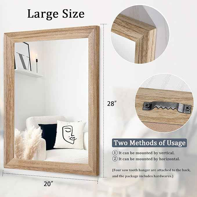 AAZZKANG Rustic Mirrors for Wall Rectangle Wooden Frame Hanging Mirror for Bedroom Bathroom Living Room Entryway Large 28"x20"