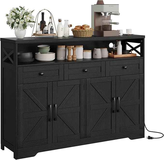 52" L Modern Farmhouse Sideboard Buffet Cabinet, Black Storage Cabinet with Drawers & Shelves, Kitchen Pantry Hutch, Coffee Bar Station Table for Living Room, Dining Room, Entryway