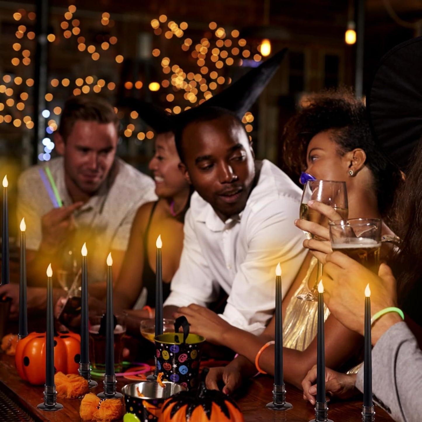 Alphatool 24 Pcs Halloween Black LED Flameless Candles with Bases - Flicker Flame, Tall Taper Smokeless Dripless Candles, Decor for Fireplace Diningtable Bar School