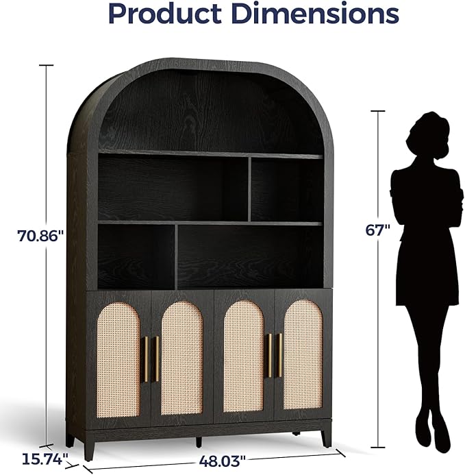 71" Tall Wide Arched Storage Cabinet, 5-Tier Rattan-Door Bookcase with Divider Shelf & Gold Pull Handles, Wood Versatile Pantry Organizer for Living Room/Kitchen/Office, Black