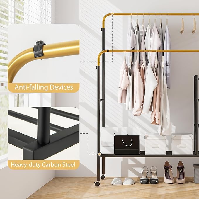Tangkula Rolling Double Rods Garment Rack, Clothes Drying Rack with Height Adjustable Hanging Bars, Storage Shelves & Lockable Wheels, Heavy-duty Steel Clothing Rack for Indoor & Outdoor Use (Gold)