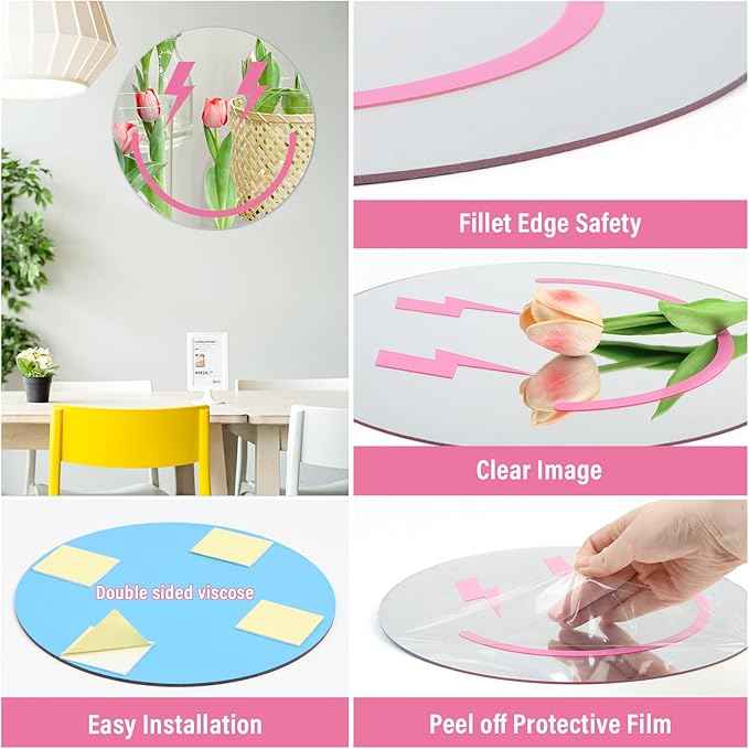 DARENYI Pink Preppy Mirror Circle, 12 inch Smiling Face Aesthetic Mirror for Teen Girls Preppy Room Wall Decor