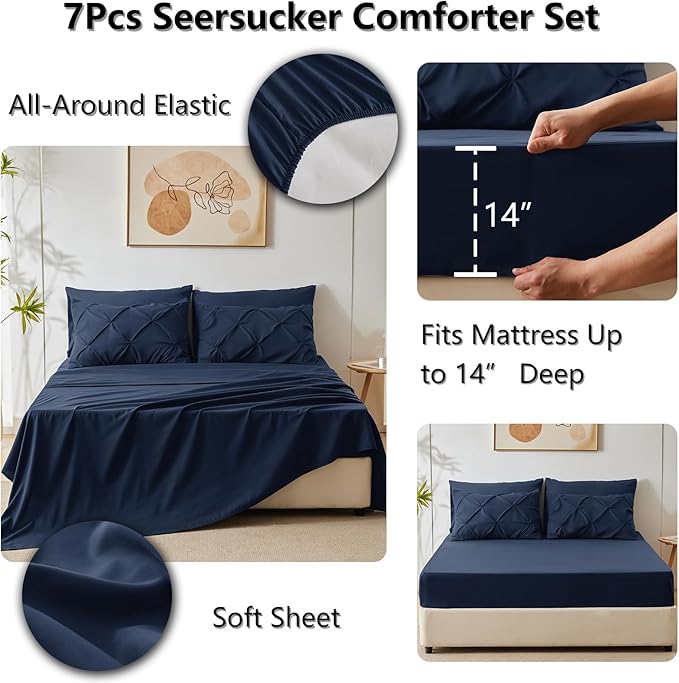 CozyLux King Size Comforter Set Navy Blue, Pintuck Bed in A Bag 7 Pieces, Pinch Pleat Bedding Sets with All Season Comforter, Pillow Sham, Flat Sheet, Fitted Sheet and Pillowcase, Navy Blue, King