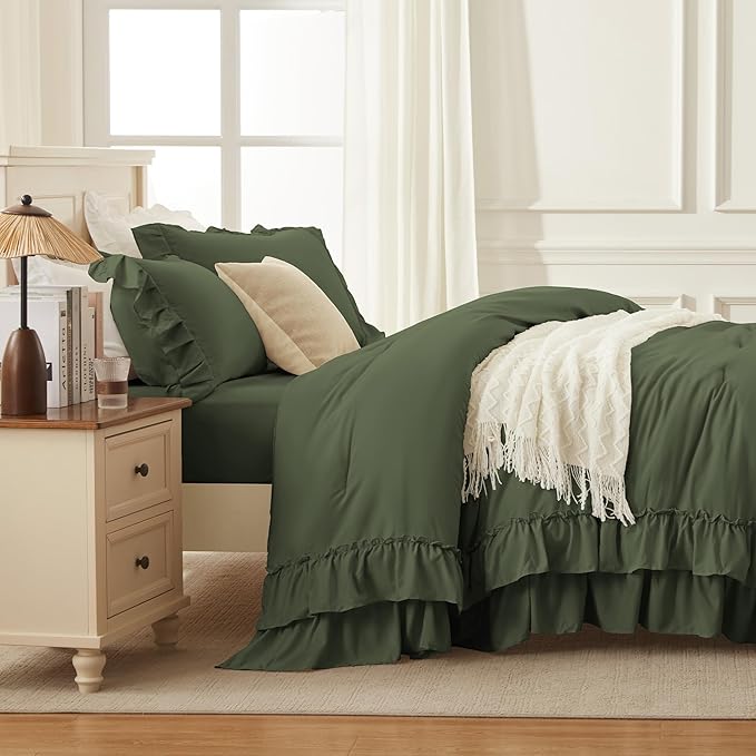 Andency Olive Green King Comforter Set (104x90Inch), 3 Pieces Ruffle Comforter Set with 2 Pillowcases, Farmhouse Shabby Chic Lightweight Fluffy Soft Microfiber All Season Bed Set