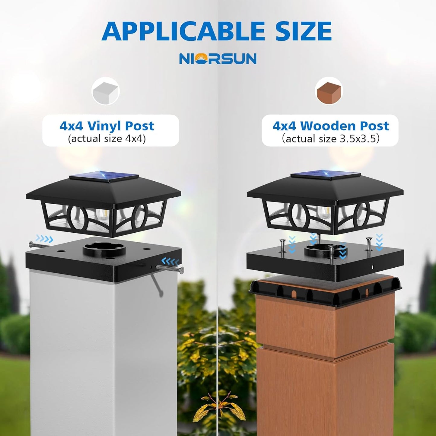 NIORSUN Solar Post Lights Outdoor, Fence Post Solar Lights Warm White Outdoor Waterproof Edison LED Bulbs Garden Patio Fence Deck Decor, 4x4 Post Caps Wood Vinyl, Black 12 Pack