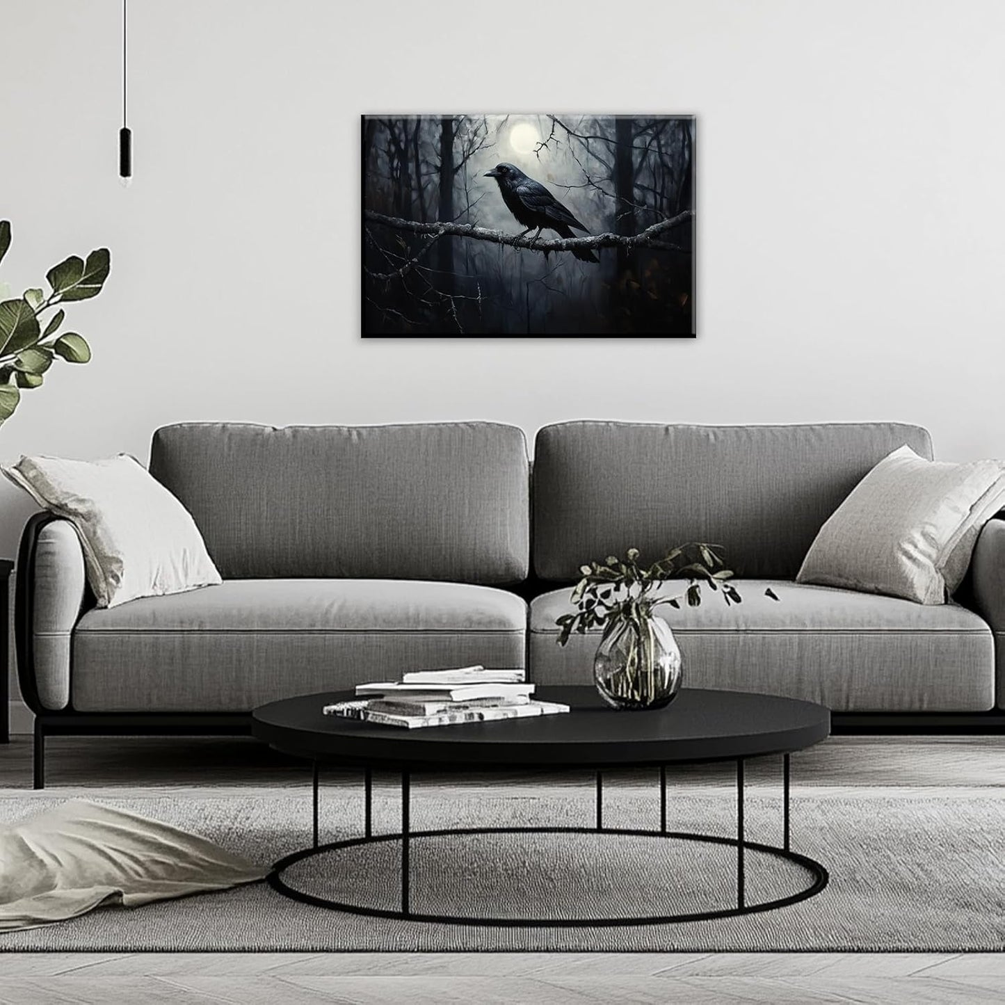 OAAPITI Crow Canvas Wall Art Black Crow Stand On The Branch Picture Print Moonlit Night Poster Vintage Forest Landscape Painting Artwork Living Room Halloween Decor(Artwork-1,28"x42")