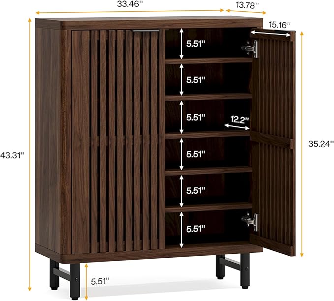 Tribesigns 6-Tier Shoe Cabinet with Shutter Doors, Large Wooden Shoe Organizer Rack with Adjustable Shelves, Modern Farmhouse Hidden Storage Furniture for Entryway, Hallway (Dark Walnut)