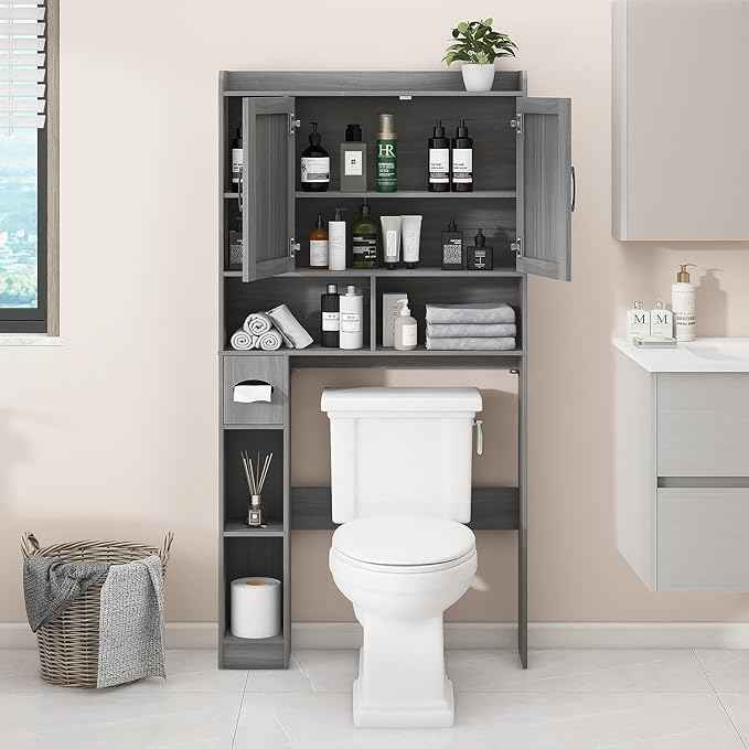 Vabches Over The Toilet Storage Cabinet, Farmhouse Style with 2 Barn Doors, Toilet Paper Holder, Space-Saving for Bathroom & Laundry, Gray