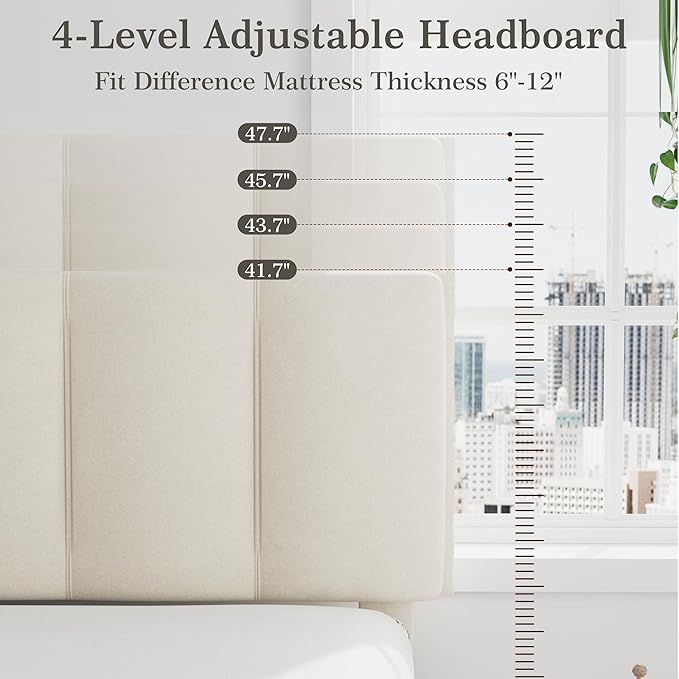 VECELO Twin Bed Frame with Upholstered Headboard, Heavy-Duty Platform Bedframe with Strong Wooden Slats Support, No Boxing Spring Needed, Pale Beige