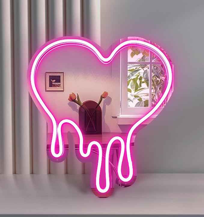 Melting Heart Neon Acrylic Mirror Sign with LED Light - Pink Neon Signs for Wall Decor Shatterproof, Rustproof, Lightweight, Adjustable Brightness Superior Aesthetic Appeal Neon Light Mirror