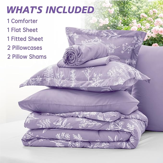 MUXHOMO Lavender Purple Full Comforter Set, Elegant Floral Print Bed in a Bag 7 Pieces, Ultra Soft & Breathable Reversible Botanical Pattern Bedding Set with Comforter, Sheets, Pillowcases, and Shams