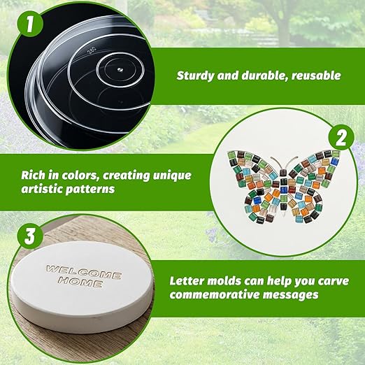U0U 10PCS Stepping Stone Kit Includes Round Cement Molds, Mosaic Tiles and Carving Tools,DIY Garden Stepping Stone kit for Kids,Family,Outdoor Walkways Pavement Decoration (Transparent, 10inch)