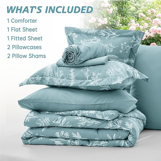 MUXHOMO Blue Bed in a Bag Queen 7 Pieces, Queen Comforter Set Reversible Botanical Flowers Design, Ultra Soft & Breathable Bedding Sets with Comforter, Sheets, Pillowcases & Shams