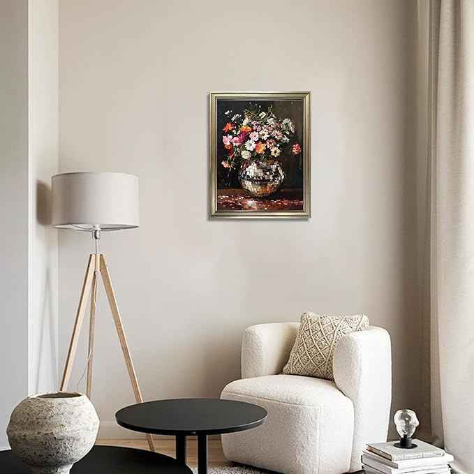 Disco Ball Wall Decor, Retro Eclectic Wall Art, Vintage Framed Colorful Moody Florals Painting, Maximalist Funky Flowers Bouquet Print Artwork