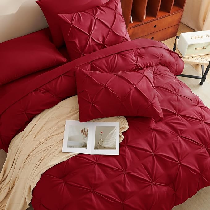 CozyLux King Size Comforter Set Dark Red, 7 Pieces Pintuck Bed in A Bag Red Comforter King Size, Pinch Pleat Bedding Set with All Season Comforter, Sheets, Pillowcases & Shams