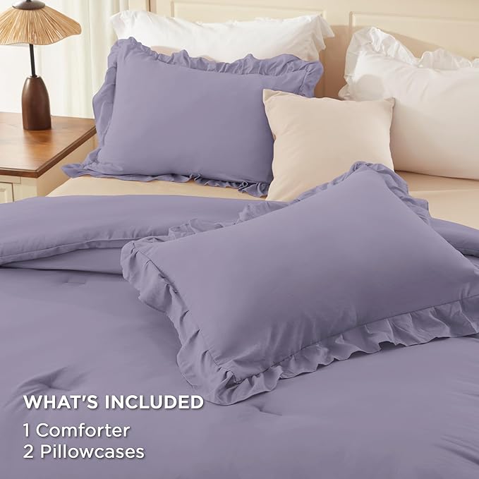 Andency Grayish Purple Comforter Set Queen Size, Lightweight Fluffy Farmhouse Ruffle Bedding Set, Soft Microfiber All Season Shabby Chic Bed Comforter Set 3 Pieces(1 Comforter 2 Pillowcases)