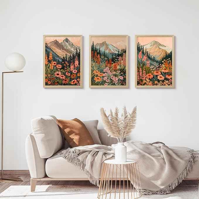 Cyebmo Mountain Wildflower Wall Art Set of 3, Sunset Daisy Flower Wall Decor, Colorful Wildflower Canvas Painting, Nature Botanical Landscape Artwork for Bedroom Living Room Wood Framed 16x24 Inch
