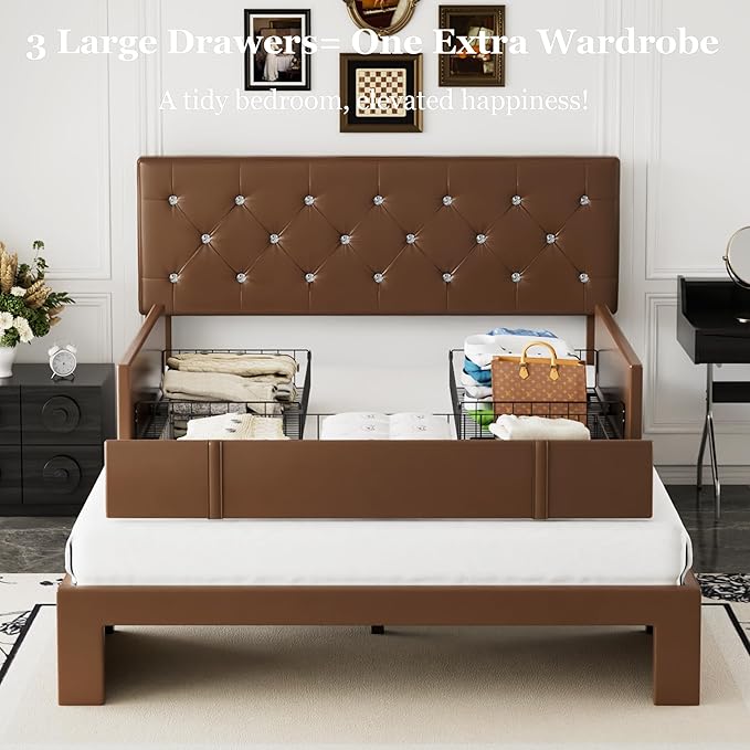 VECELO Full Size Bed Frame with 3 Storage Drawers, Leather Upholstered with Diamond Tufted Headboard, Solid Wood Slat Support, No Box Spring Needed, PU & Brown
