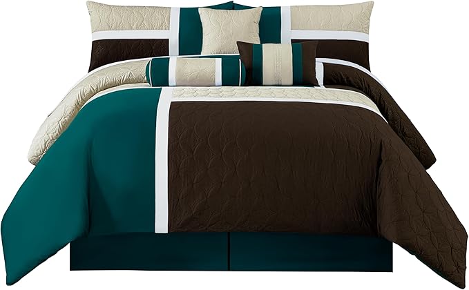 Chezmoi Collection Upland 7-Piece Quilted Patchwork Comforter Set, Teal/Beige/Brown, Oversized King
