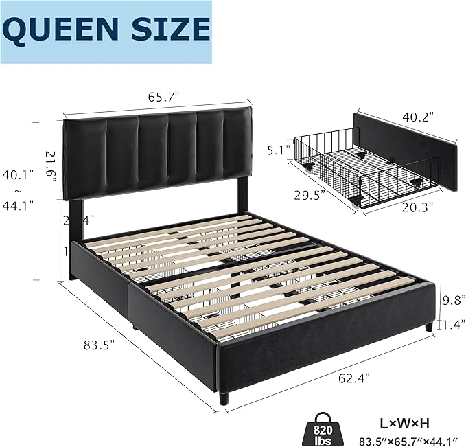 VECELO Queen Size Bed Frame with 4 Storage Drawers, Adjustable Height Headboard, Heavy-Duty Platform Bedframe with Strong Wooden Slats, No Box Spring Needed, Black