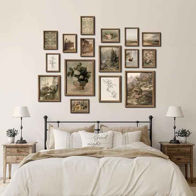 16 PCS Framed Vintage Wall Art Decor, French Country Farmhouse Gallery Wall Frame Set Prints for Bedroom Bathroom, Rustic Landscape Posters for Living Room Aesthetic, Cottagecore Dorm Home Collage Kit
