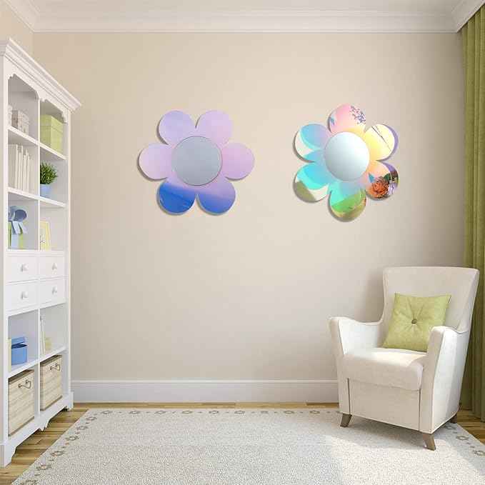 Irregular Wall Mirror Wavy Acrylic Rainbow Mirror Room Decor Aesthetic Mirrors Amorphic Vanity Retro Mirrors for Bedroom Living Room Bathroom Entryway Wall Decor ( Flower Style,12.6 x 11.6 Inches )