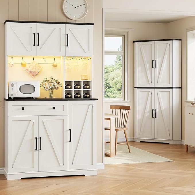 Dripex 71" Corner Cabinet White, Farmhouse Kitchen Pantry Cabinet with Doors Storage & Adjustable Shelves, Tall Corner Storage Cabinet with LED Light, Food Pantry for Living Room, Dining Room