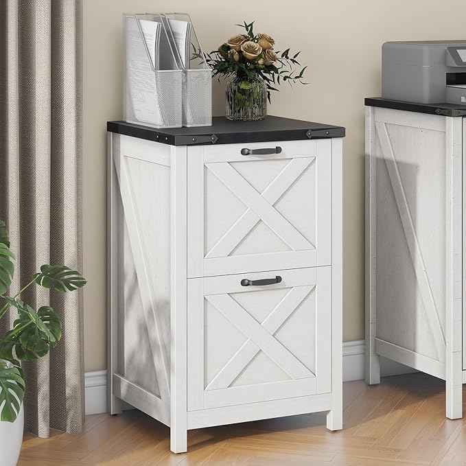 Vabches Vertical File Cabinet with 2 Drawers, Wooden Farmhouse Filing Cabinet for Letter/A4 Size Hanging Files, Under Desk Printer Stand with Storage for Home Office, White and Black