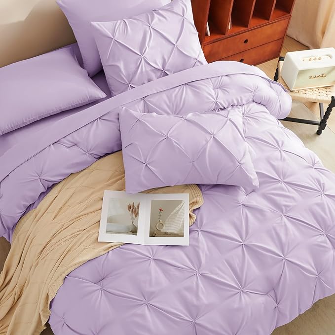 CozyLux Full Size Comforter Sets Lavender, 7 Pieces Bed in A Bag Light Purple Comforter Full Size, Pinch Pleat Bedding Sets with All Season Comforter, Sheets, Pillowcases & Shams