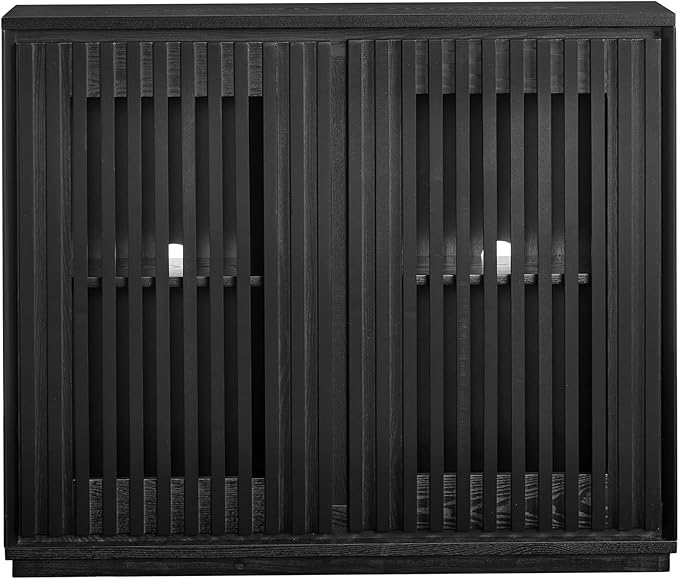 Ball & Cast 39" Narrow Sideboard Cabinet with Storage, Mid Century Modern Buffet Credenza Cabinet w/Fluted Doors & 2 Outlet Holes,for Living Room,Dining Rooms, Entryway, Kitchen Coffee Bar, Black