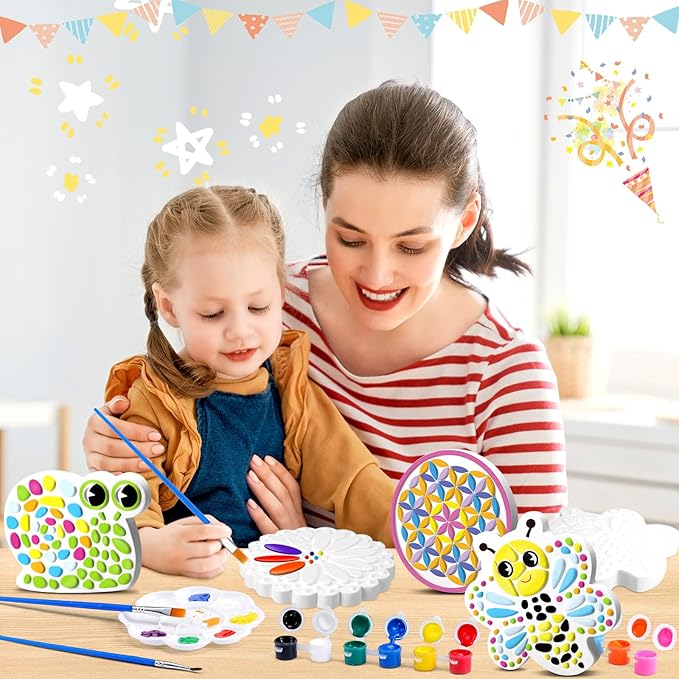 6 Pack Stepping Stone Ceramic Kit for Kids Paint Your Own Plaster Stones Arts and Crafts Handprint Garden and Spring DIY Craft Pottery Outdoor Painting Gifts for Kids Ages 4-12