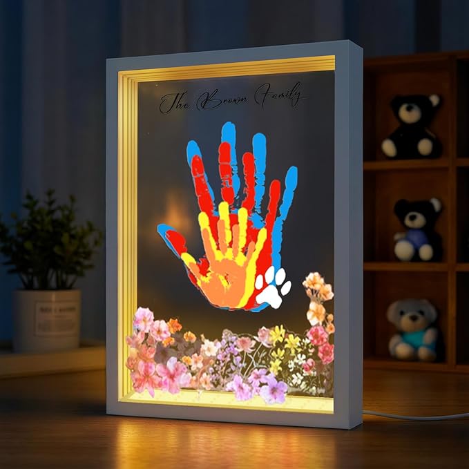 OurWarm Family Handprint Kit with Light, DIY Handprint Family Keepsake Wooden Frame with Sticker & Non-Toxic Baby Safe Paint, Baby Keepsake Gifts for Newborn, Mother's Day, New Parents, Adoption Day