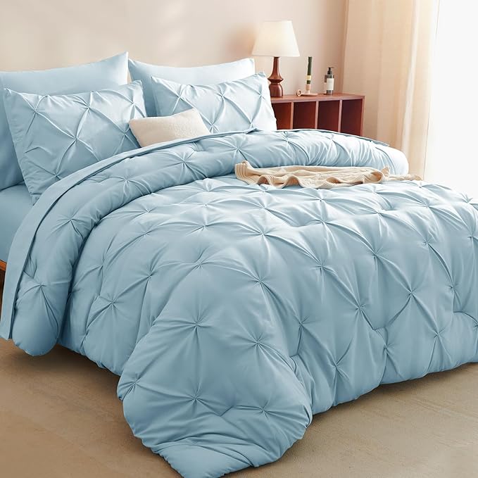 CozyLux King Size Comforter Set Light Blue, 7 Pieces Pintuck Bed in A Bag Blue Comforter King Size, Pinch Pleat Bedding Set with All Season Comforter, Sheets, Pillowcases & Shams