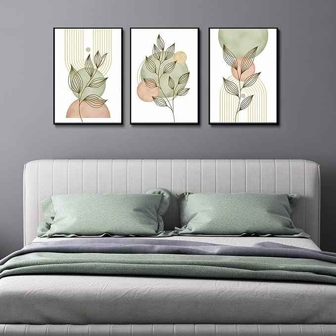 3Pcs Sage Green Boho Canvas Wall Art Modern PinkBotanical Posters Print Abstract With Leafr Pictures Wall Decoration For Living Room Bedroom Bathroom UnFramed