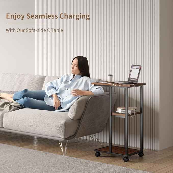 C Shaped End Table - C Table on Wheels - Bedside Table with Wheels, Power Outlet and USB - Sofa Table for Living Room, Bedroom, Small Spaces - 27.2'' High, Brown