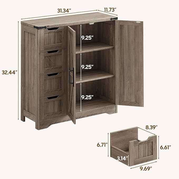 Vabches Farmhouse Bathroom Cabinet, Freestanding Storage Cabinet with 4 Drawers and 2 Doors, Rustic Storage Organizer with Adjustable Shelf for Bathroom, Living Room, Entryway, Grey
