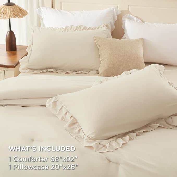Andency Twin XL Ruffle Comforter Set, 2 Pieces Shabby Chic Farmhouse Bedding Set, Lightweight Soft Comforter Set 68×92In for Girls Women (1 Comforter 1 Pillowcase), Beige