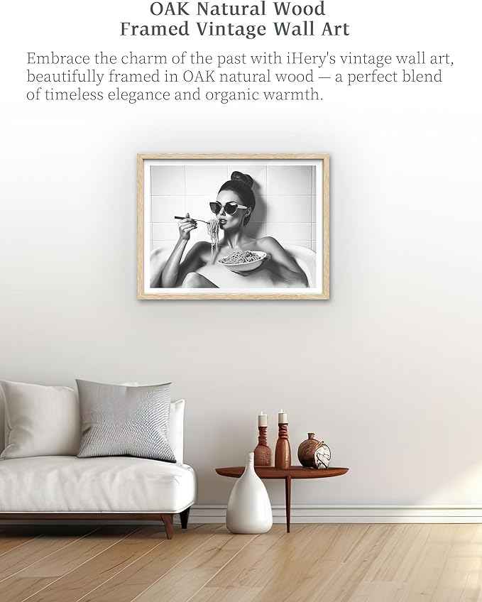 iHery Natural OAK Wood Framed Woman Eating Spaghetti in Bathtub Wall Art, 12x16in Beige Frame Woman Eating Pasta Canvas Print, Black and White Bathroom Poster, Retro Decor Set of 1