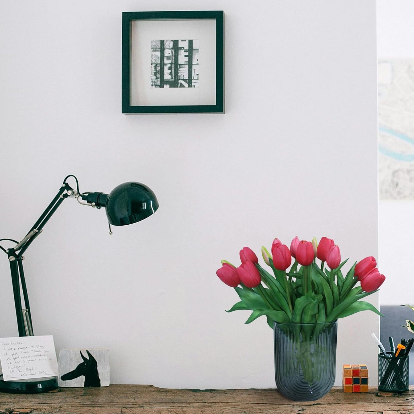 15pcs Artificial Tulips Flowers, Fake Tulips Real Touch, Faux Latex Bouquets, for Party Wedding Home Room Decoration (Rose Red)